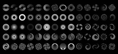 Siyah, kalın yarım tonlu hız çizgilerini ayarlayın. Çerçeve, logo, dövme, web sayfaları, baskılar, posterler, şablon için tasarım öğesi. Daire şeklinde hız çizgileri. Geometrik sanat. Soyut vektör