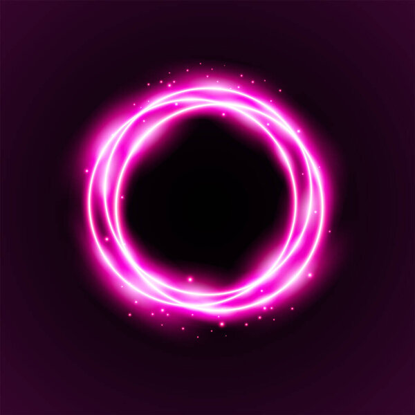 Светлый круг неоновый ореол на кирпичной стене, яркое светящееся розовое кольцо свечение эффекта. Шаблон векторной иллюстрации.