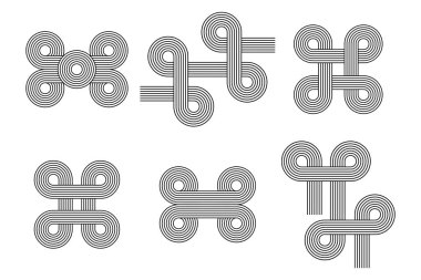 Geometrik çizgiler ve çarpık soyut şekillerden oluşan çemberler. Modern Bauhaus boho estetik tarzında doğrusal tasarım ögesi.