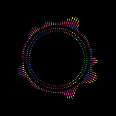 Müzik dengeleyici ve ses dalgası. Radyo dalgası dalgalanmalarının radyal eğri spektrumunun vektörü. Ses çemberlerinin çok renkli neon ses dalgaları.