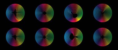 Müzik dengeleyiciler ve ses dalgaları. Radyo dalgası dalgalanmalarının radyal eğrilerinin vektör kümesi. Ses çemberlerinin çok renkli neon ses dalgaları.