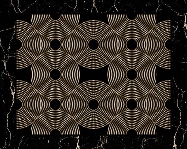 Siyah mermer zemin üzerinde bir gökkuşağı kemerinin altın doğrusal halkaları. Vektör estetik boho. Modern duvar sanat şablonu.