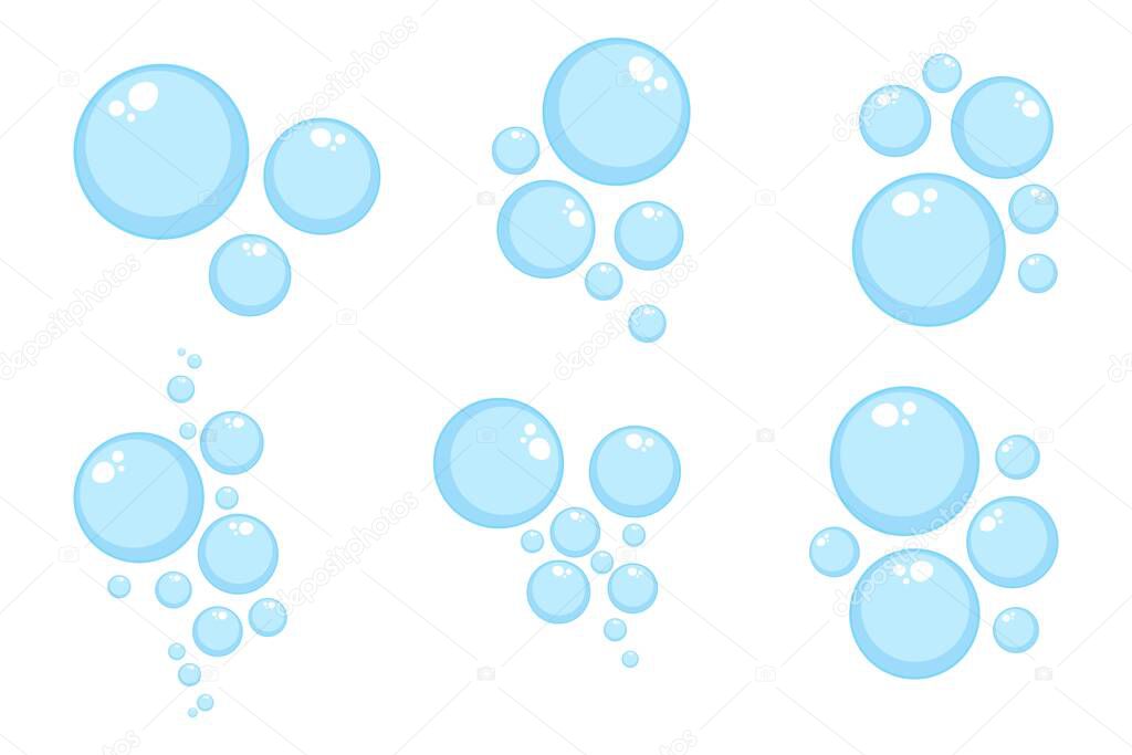 Air bubbles flat set, soap foam oxygen bubbles, vector design elements isolate.