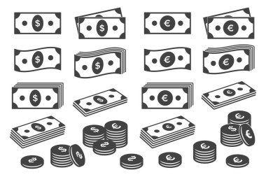 Euro ve dolar banknotları ve sentler ayarlandı. Ödeme kâğıdı para ikonları. Tasarım için finans bankacılığı simgeleri. Vektör para birimi elemanlarını ayır.