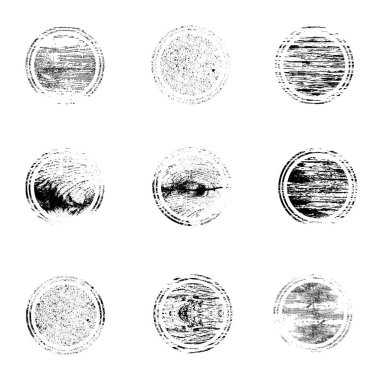 Çember şeklinde çizilmiş kamçılı arka plan. Stres sonrası pul dokusu ayarlandı. Yaşlandırılmış, ince, yuvarlak kaplama şablonu. Vektör dairesel simgesi, rozet, düğme arkaplanı.
