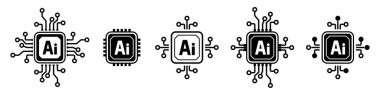 Elektronik çip AI işlemci simgesi seti, Yapay Zeka siluet logo simgesi, Dijital Bilişim teknolojisi, Vektör illüstrasyonu.