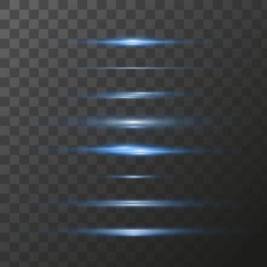 Mavi renkli mavi yatay ışık ışınları, parlayan parçacıklar parlayan ışık efekti, vektör neon şeffaf tasarım elementleri.