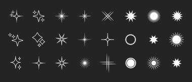 Farklı şekillerden oluşan Retro yıldız flaş siluet seti, parıldayan parçacık yıldızları koleksiyonu ve tasarım için ışınsal dekoratif semboller. Vektör simgeleri y2k biçim temel şekiller geometrik grafik elementler.