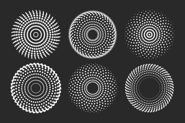 Nokta radyal desen yarım ton, dairesel noktalar indiriliyor ilerleme hareketi, vektör simgeleri tasarım elemanları.