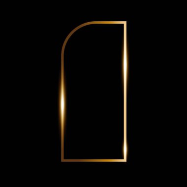 Siyah zemin üzerinde altın ince sanat deco çerçeve, altın doğrusal şekil parlayan parçacıklar, minimal vintage vektör kemer geometrik şekil, parlaklık.