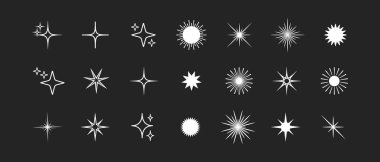 Farklı şekillerden oluşan Retro yıldız flaş siluet seti, parıldayan parçacık yıldızları koleksiyonu ve tasarım için ışınsal dekoratif semboller. Vektör simgeleri y2k biçim temel şekiller geometrik grafik elementler.