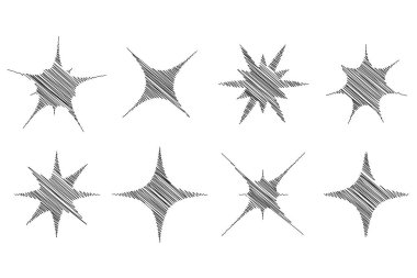 Işıldayan parçacıklar parıldıyor siluetler el yazısıyla çizilmiş, kalemle yazılmış, parıldıyor y2k simgeleri, vektör illüstrasyonu.