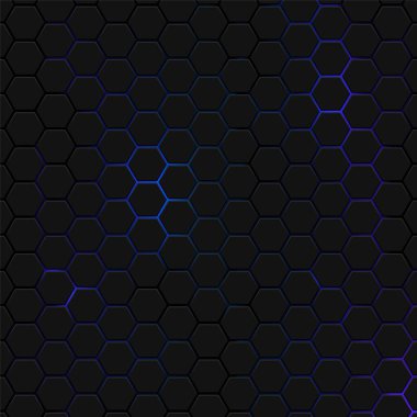 Hexagons bal peteği dokusu mavi neon arkaplan, soyut fütüristik teknoloji arkaplan tasarımı, Vektör illüstrasyonu.