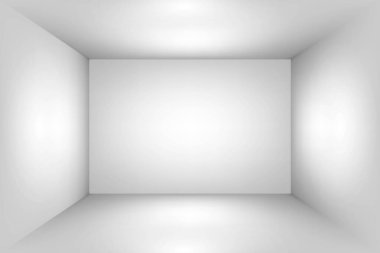 Beyaz 3D oda stüdyosu, Aydınlık kutu podyumu, beyaz gri alan perspektifi, kutu modelinin içinde, Vektör illüstrasyonu.