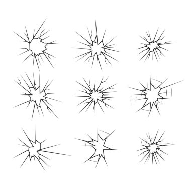 Çatlak cam simgeleri seti, siluet çizgisel çatlaklar ve kırıklar, kırık cam veya buz, vektör çizimi soyut desenler.