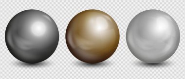Metalik krom, şeffaf arkaplan üzerinde gerçekçi altın 3D küre, küresel şekil gümüş top, Vektör illüstrasyon.