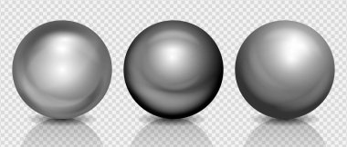 Krom gümüş top gerçekçi set, cam desenli küreler parlak röfleler ve şeffaf arkaplanda gölgeler, Vektör illüstrasyon.