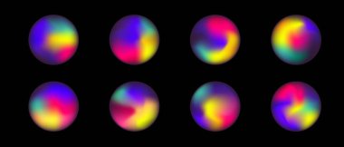 Parlak holografik çemberler, siyah arkaplan üzerindeki gradyan, vektör ilüstrasyon sıvısı sıvı enerji birikimi gradyan top.