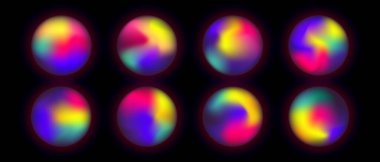 Parlak holografik çemberler, siyah arkaplan üzerindeki gradyan, vektör ilüstrasyon sıvısı sıvı enerji birikimi gradyan top.