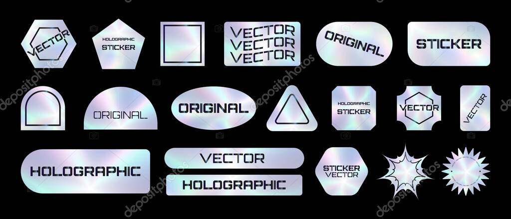 Holographic stickers of different shapes set, Holograms geometric shapes stickers labels for design, Vector illustration.