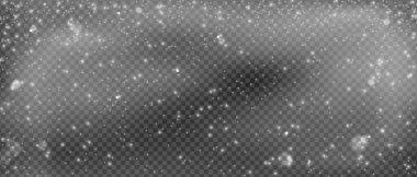 Geceleyin gökyüzünde uçan kar taneleri, küçük parlayan kar taneleri şeffaf arka plan, koyu renk kar fırtınası vektör çizimi.