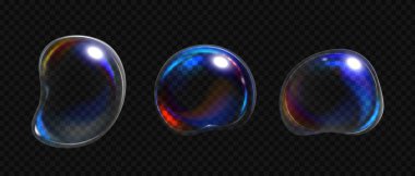 Renkli gökkuşağı parlaması ve siyah arkaplanda yansımaları olan 3 boyutlu su sabunu kabarcıkları, şeffaf su damlasının akışkan holografik etkisi, Vektör çizimi.