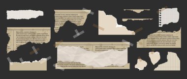 Yırtık kağıt parçaları ve eski gazeteler, Kolaj için yırtık not defterleri ve not defterleri, Vektör illüstrasyon.