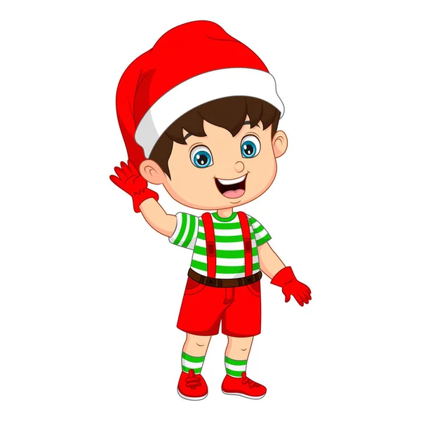 Vektor Illustration Von Cartoon Kleiner Junge Tragen Weihnachtsmann Kostüm Winkende Stockvektor