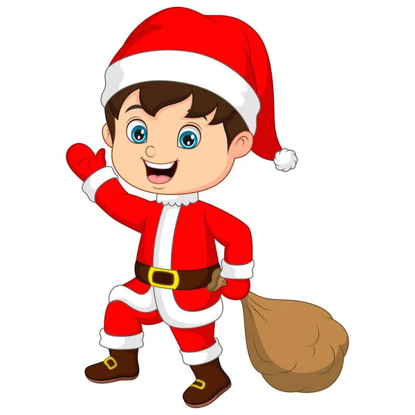 Vector Illustration Von Cartoon Kleiner Junge Trägt Weihnachtsmannkostüm Mit Einem Vektorgrafiken