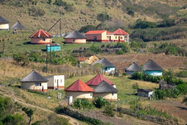 Port St Johns, Güney Afrika - 27 Ağustos 2022: Vahşi Sahil, Port St Johns 'dan Doğu Londra' ya renkli rondavel kulübeleriyle karakteristik köylerden geçerek seyahat