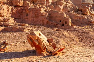 Dadan arkeolojik sahasında kayalara oyulmuş antik kalıntılar, tarihi kayıp medeniyetin mirası, Suudi Arabistan, Alula 'da