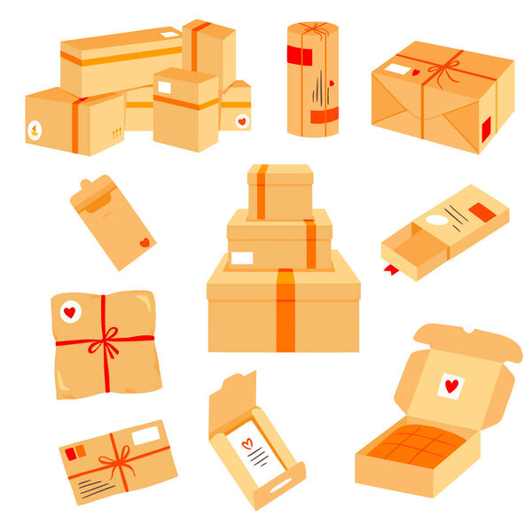 Коробки с наклейками, посылки, упаковка, почта, набор векторных иллюстраций