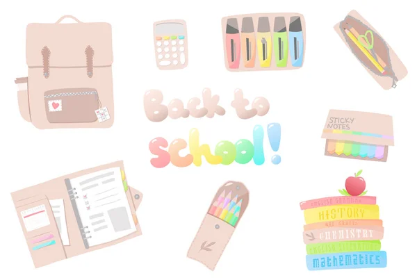 Zurück Zur Schule Stickerpack Schule Illustrations Set Schreibwaren Set Schulaufkleber — Stockvektor