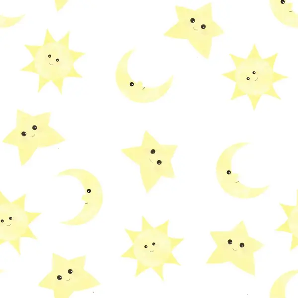 Roztomilé Slunce Hvězda Měsíc Akvarel Bezešvný Vzor Pro Děti Tisk — Stock fotografie