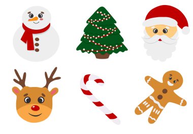 Noel Baba, Noel ağacı, zencefilli kurabiye adam, Noel geyiği, kardan adam, Noel lolipopu.