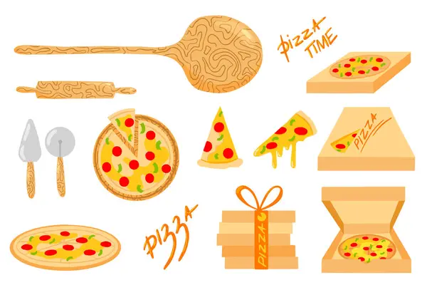Pizza Seti Vektör Çizimleri Pizza Pişirme Pizza Yapma Talyan Mutfağı — Stok Vektör