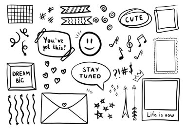 Doodle set of vector illustrations, frames, cute elements, clipart, arrow, doodles clipart