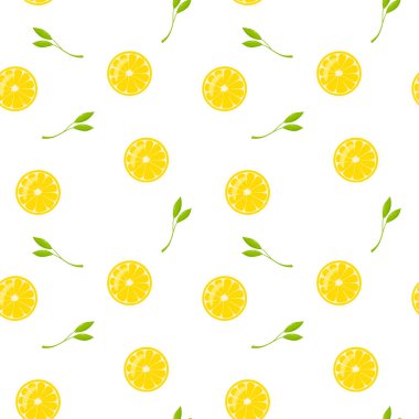 Limon dilimleri ve yaprakları vektörsüz desen, arkaplan, duvar kağıdı, baskı, tekstil, kumaş, ambalaj kağıdı, ambalaj tasarımı
