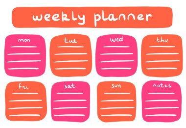 Pembe ve turuncu renkli haftalık planlamacı. Planlama, zaman yönetimi, planlama. Vektör çizimi. Planlayıcı yerleşimi.
