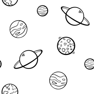 Koyu mavi arkaplan vektörsüz desenli siyah ana hatlı gezegenler. Duvar kağıdı, baskı, kumaş, tekstil, ambalaj kağıdı, ambalaj tasarımı. Satır sanatı