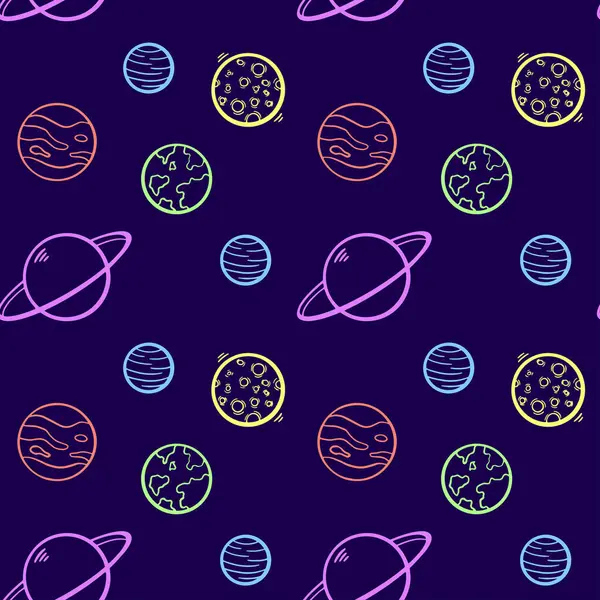 Colorful Planets Dark Blue Background Vector Seamless Pattern Wallpaper Print — Stock Vector