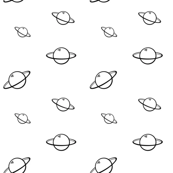 Saturn Planet Vector Seamless Pattern Line Art Outline Black Wallpaper — Stock Vector
