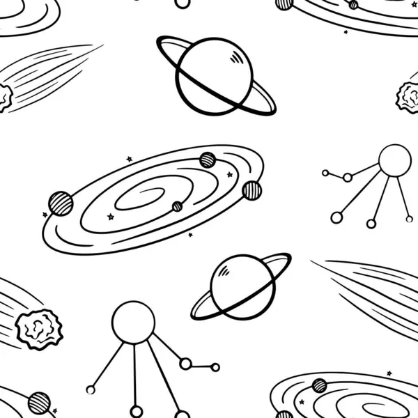 Space Galaxy Objects Vector Seamless Pattern Planets Meteor Solar System — Stock Vector