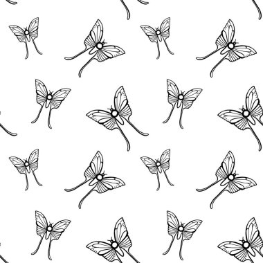 Siyah kelebekler kusursuz bir yol izlerler. Taslak kelebek arka planı, duvar kağıdı, baskı, tekstil, kumaş, ambalaj kağıdı, ambalaj tasarımı. Satır sanatı