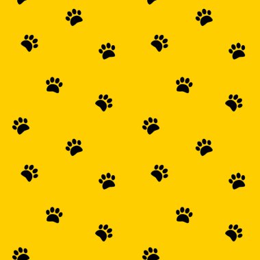 Siyah ayak izleri, sarı arkaplanda vektörsüz izler bırakıyor. Adım, ayak izi, iz arkaplanı, duvar kağıdı, baskı, tekstil, kumaş, ambalaj kağıdı, ambalaj tasarımı