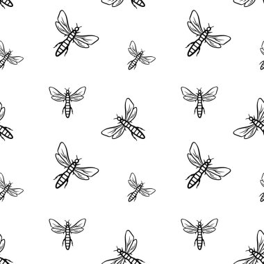 Siyah yusufçuk böcekleri kusursuz bir yol izlerler. Yusufçuk böceği arka planı, duvar kağıdı, baskı, tekstil, kumaş, ambalaj kağıdı, ambalaj tasarımı. Satır sanatı