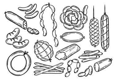 Farklı sosis türleri ana hatları. Sosis oyması, çizgili sanat çizgisi çizimi. Et ürünleri