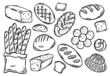 Farklı ekmek hatları var. Ekmek oymacılığı, çizgi sanat vektörü çizimi. Buğday ürünleri, fırın ürünleri, pastane, pasta