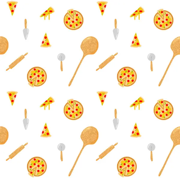Pizza, vektörü kusursuz hale getiriyor. Pizza pişirme, pizza yapma, İtalyan mutfağı. Arkaplan, arkaplan, duvar kağıdı, ambalaj tasarımı