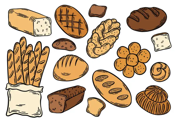 Farklı tür ekmekler düz renkli dış hatlar. Ekmek oymacılığı, çizgi sanat vektörü çizimi. Buğday ürünleri, fırın ürünleri, pastane, pasta
